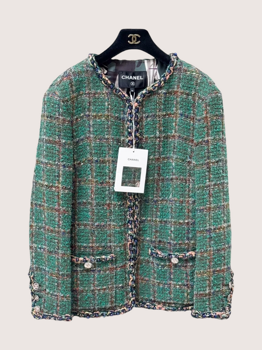 Chanel 23A Plaid Tweed Jacket Green, Multicolor