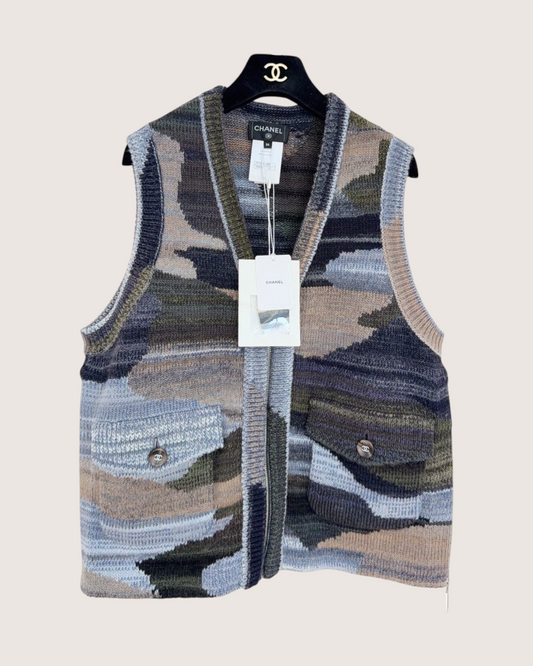 Chanel 24A Cashmere Camouflage Vest Blue, Grey, Green, Multicolor FR 36
