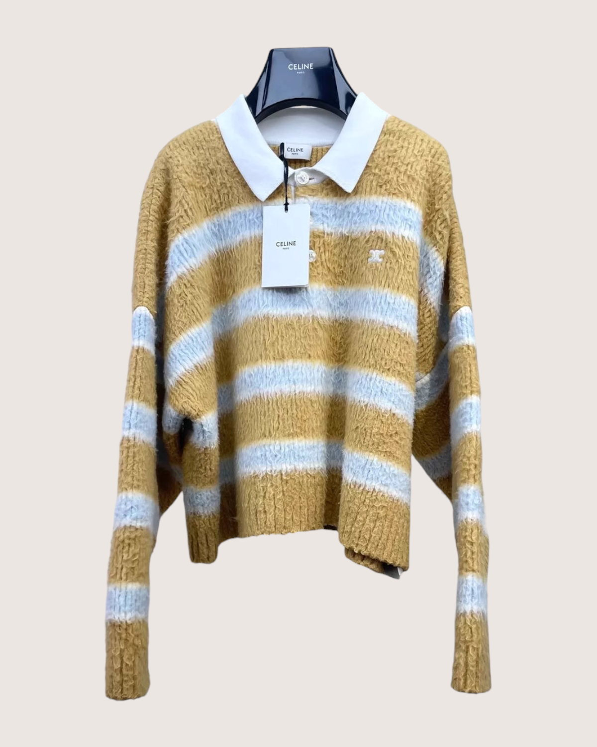 Celine Cropped Striped Polo Sweater Yellow, Blue, White FR 36