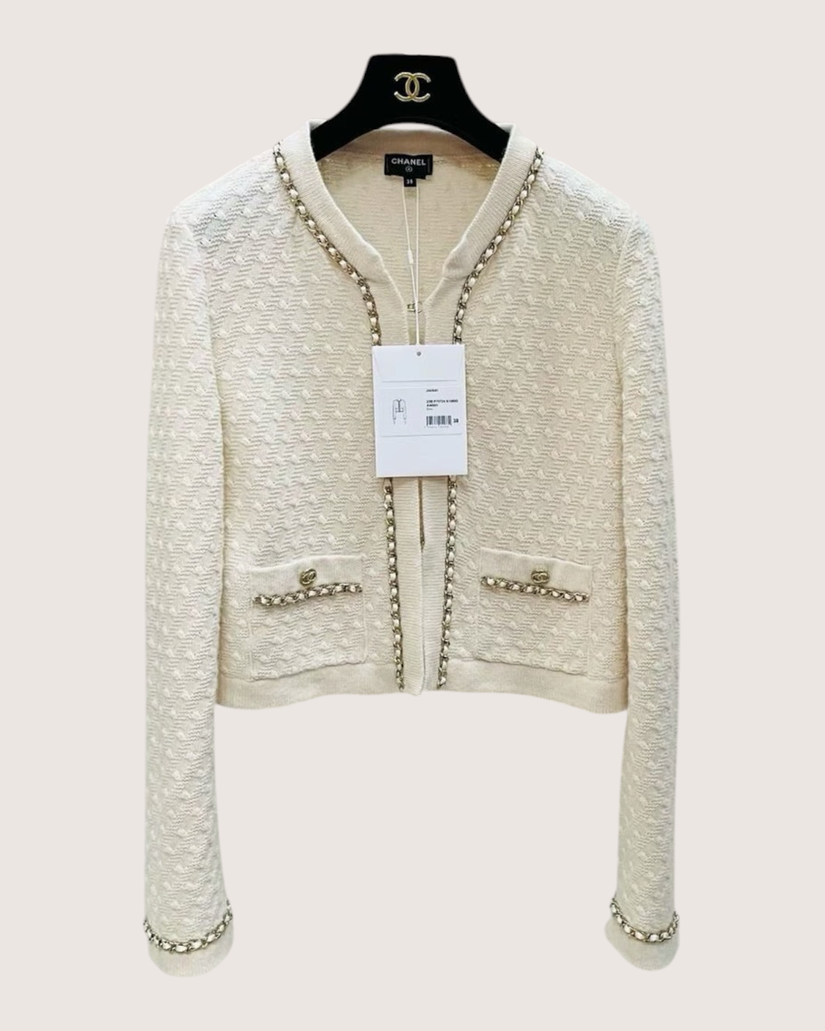 Chanel 23B Cashmere Cropped Chain-Trim Cardigan Beige/Ecru FR 38