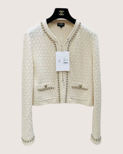 Chanel 23B Cashmere Cropped Chain-Trim Cardigan Beige/Ecru FR 38