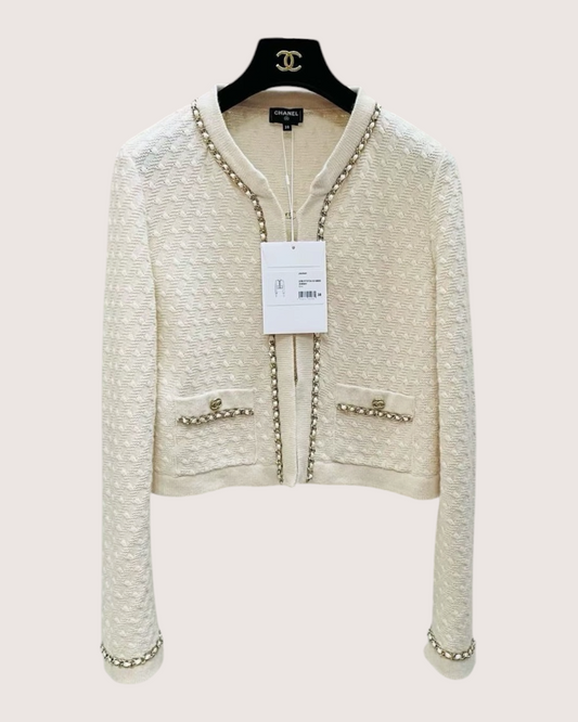 Chanel 23B Cashmere Cropped Chain-Trim Cardigan Beige/Ecru FR 38
