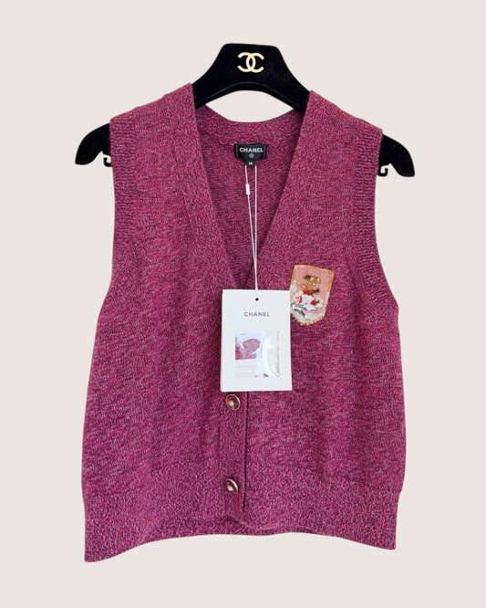 Chanel 24A Beaded Crest Cashmere Vest Pink, Purple FR 36