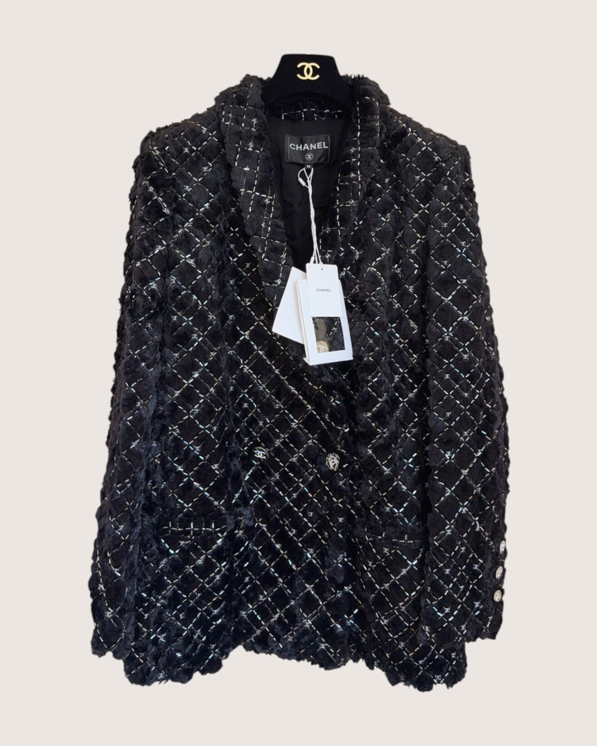 Chanel Embroidered Quilted Tweed Jacket Black, Silver FR 38