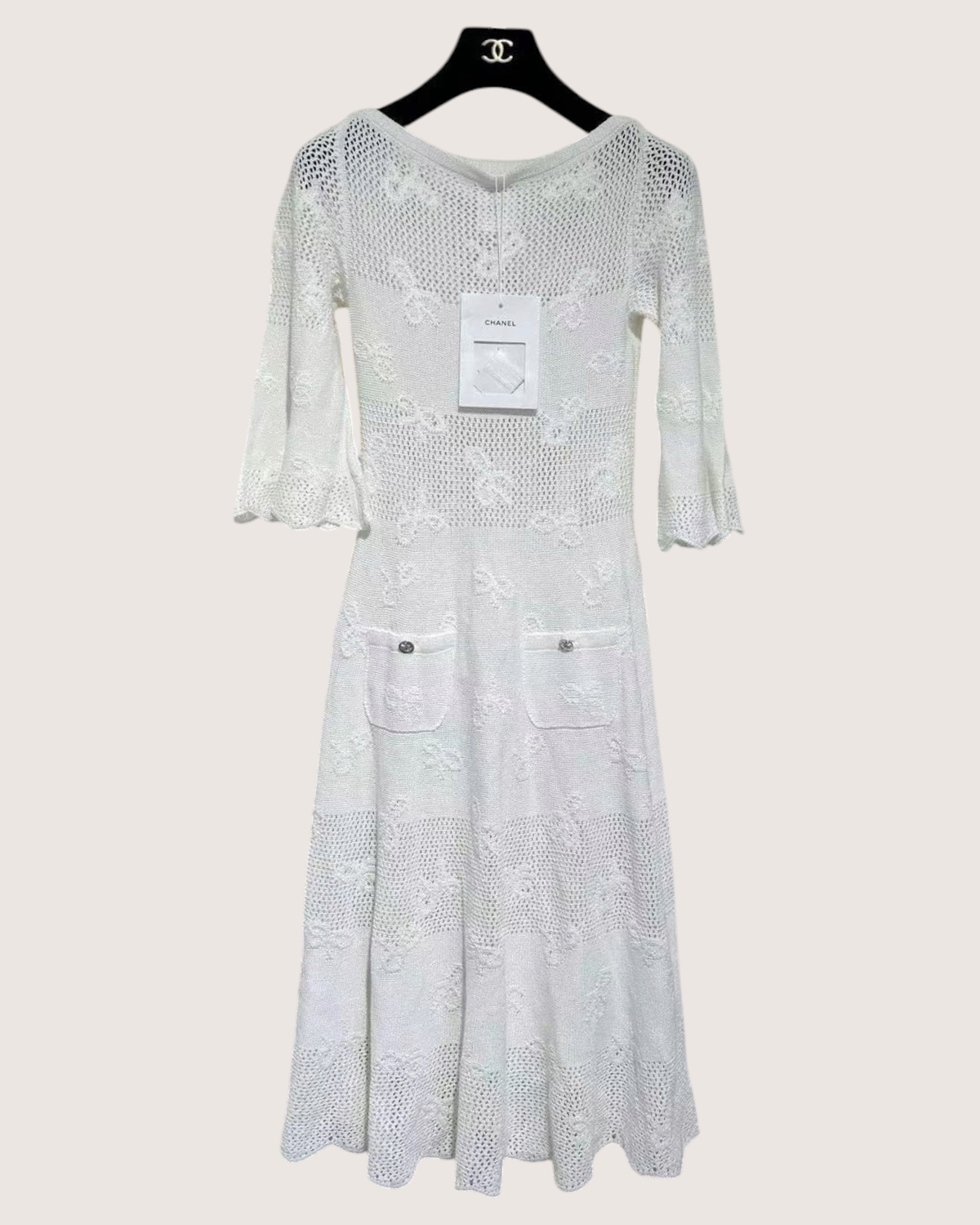 Chanel 24P Bow-Motif Openwork Mid-Length Dress White FR 34