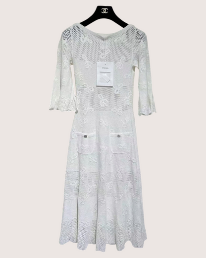 Chanel 24P Bow-Motif Openwork Mid-Length Dress White FR 34