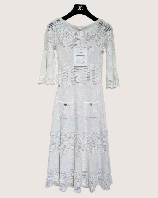Chanel 24P Bow-Motif Openwork Mid-Length Dress White FR 34