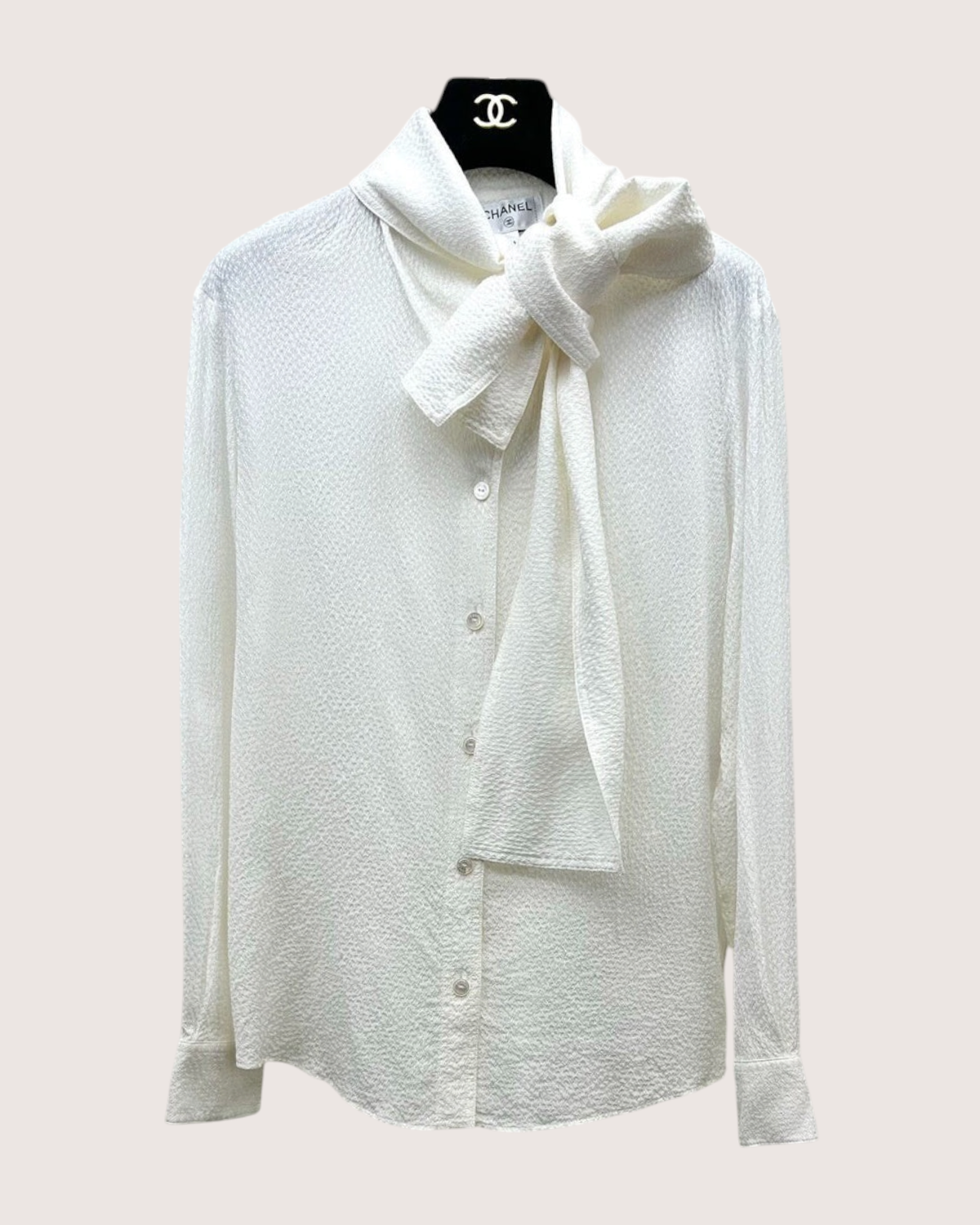 Chanel 26P CC Jacquard Tie-Neck Shirt White FR 34