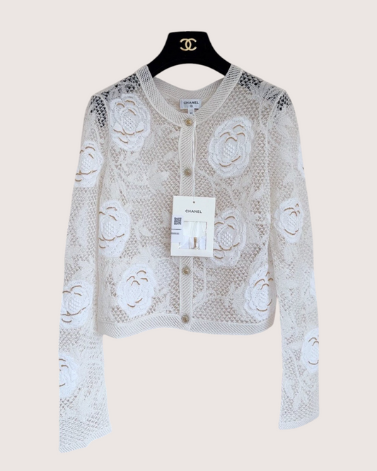Chanel 26C Camellia Lace Cardigan White FR 36