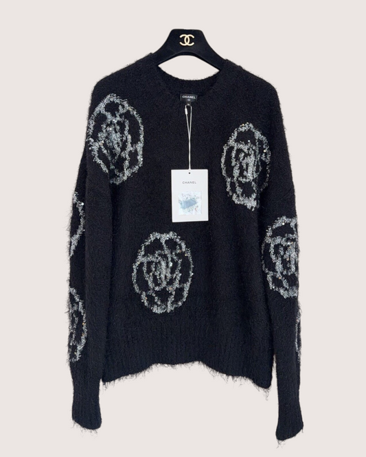 Chanel 23K Camellia Sweater Black, Silver FR 36