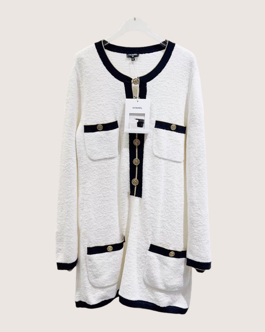 Chanel 19C Terry Cloth Mini Dress White, Navy, Gold FR 38