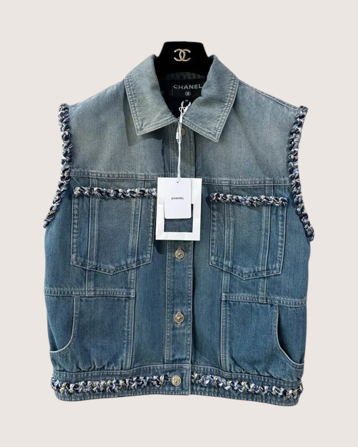 Chanel 25A Tweed-Trim Denim Vest