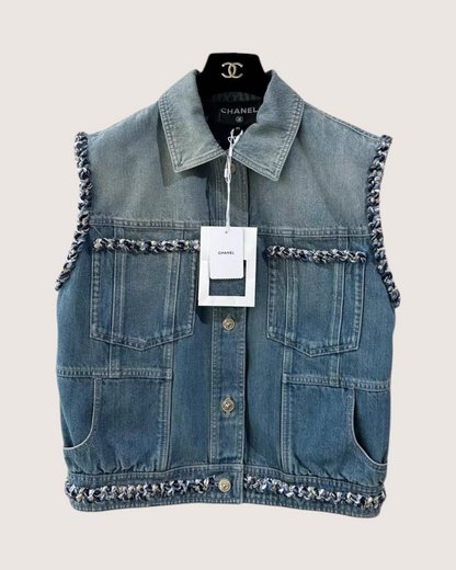 Chanel 25A Tweed-Trim Denim Vest