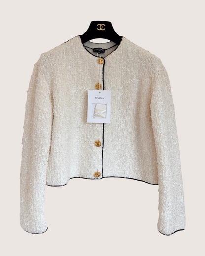 Chanel 26S Cropped Bouclé Cardigan Beige/Ecru, Black FR 34