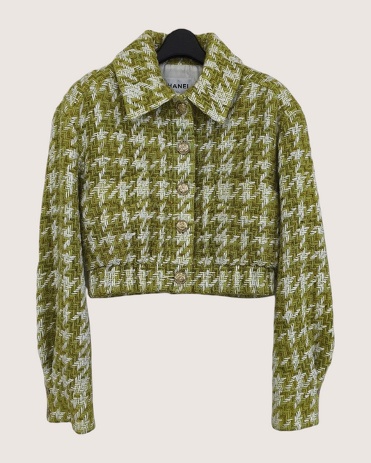 Chanel 22B Houndstooth Wool Cropped Jacket Green, White FR 36