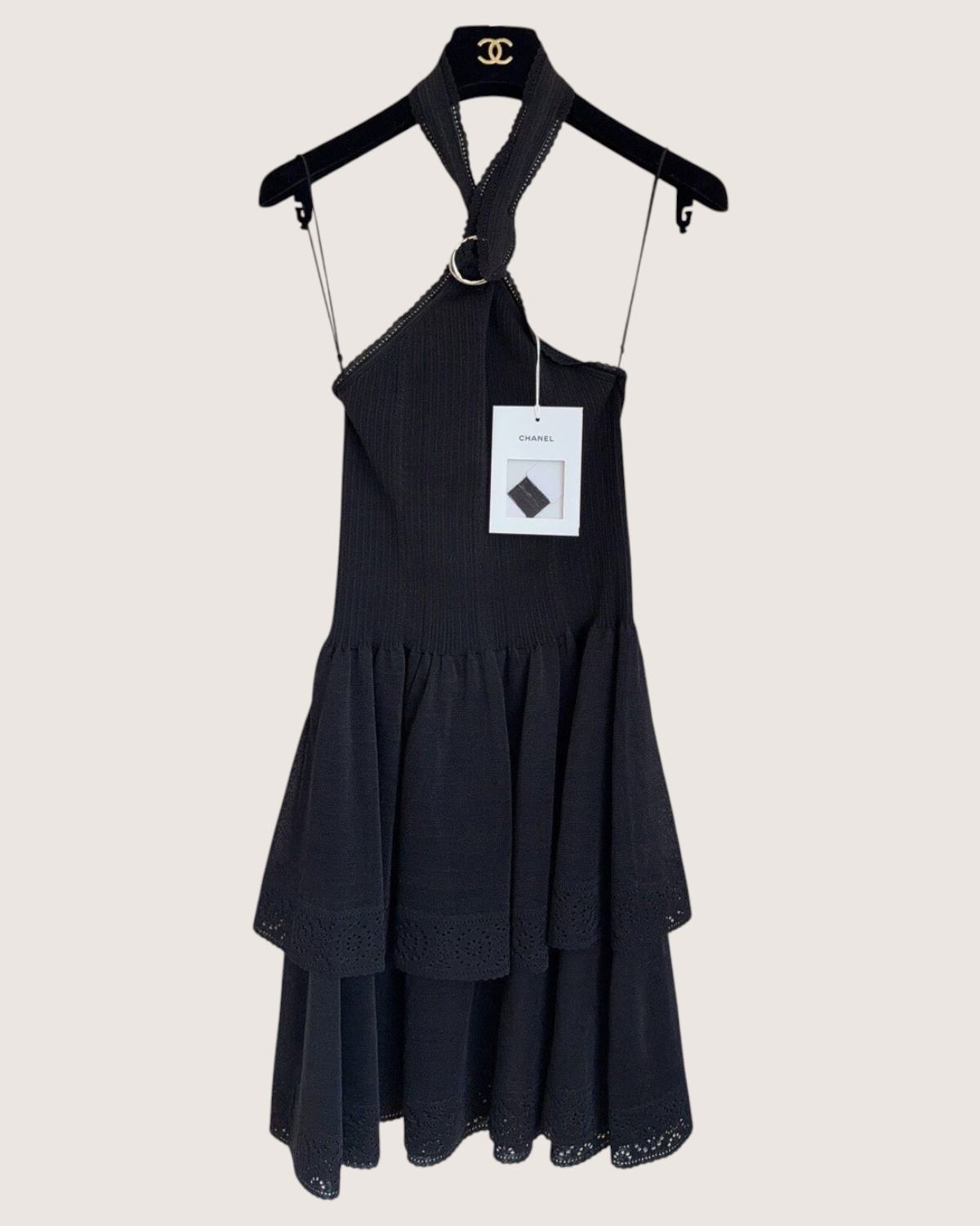 Chanel 26C Tiered Halter Mid-Length Dress Black FR 34