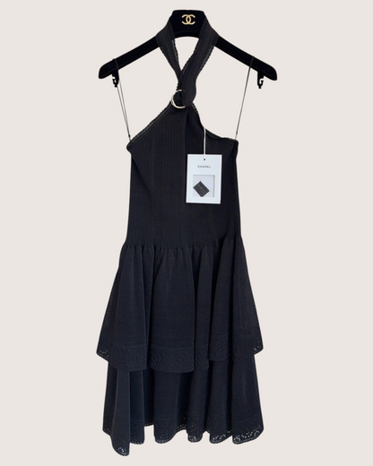 Chanel 26C Tiered Halter Mid-Length Dress Black FR 34