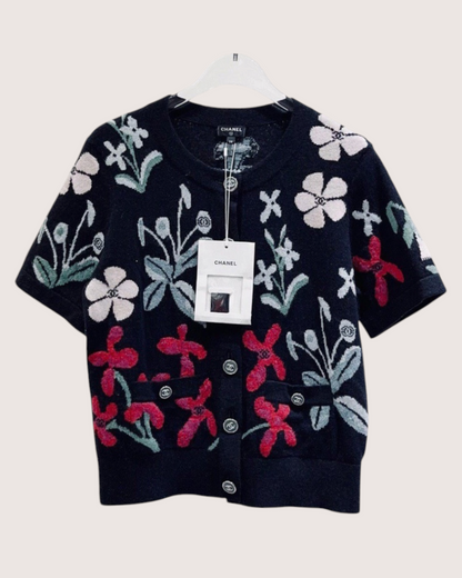 Chanel 21A Cashmere CC Floral Short-Sleeve Cardigan Black, Pink, Red, Multicolor FR 38