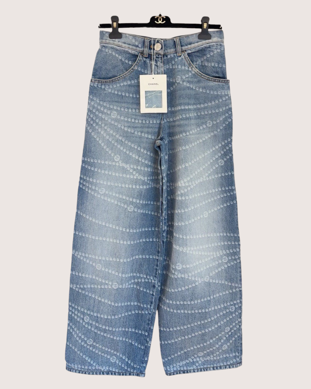 Chanel 25P CC Pearl-Print Wide-Leg Denim Jeans Blue, White FR 36