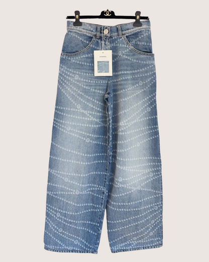 Chanel 25P CC Pearl-Print Wide-Leg Denim Jeans Blue, White FR 36