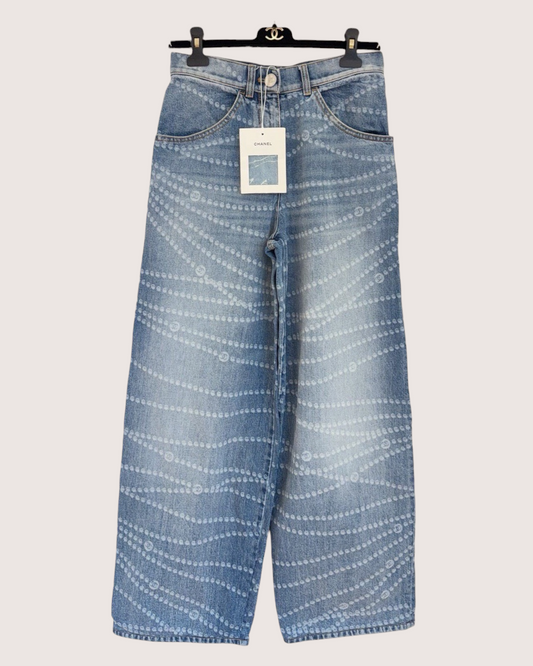 Chanel 25P CC Pearl-Print Wide-Leg Denim Jeans Blue, White FR 36