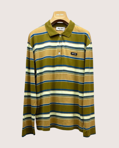 Miu Miu Long-Sleeve Striped Polo Shirt Green, Beige/Ecru, Multicolor FR 34
