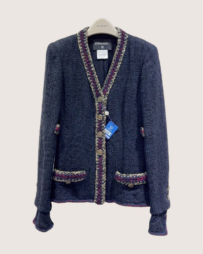 Chanel 09A Tweed CC-Button Jacket Navy, Burgundy, Gold FR 38