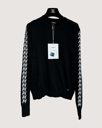 Chanel 23B Wool CC-Sleeves Sweater Black, White FR 34
