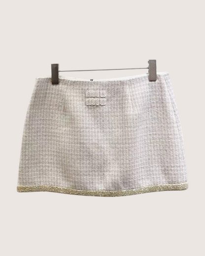 Miu Miu Tweed Logo Mini Skirt Beige/Ecru, Gold FR 36
