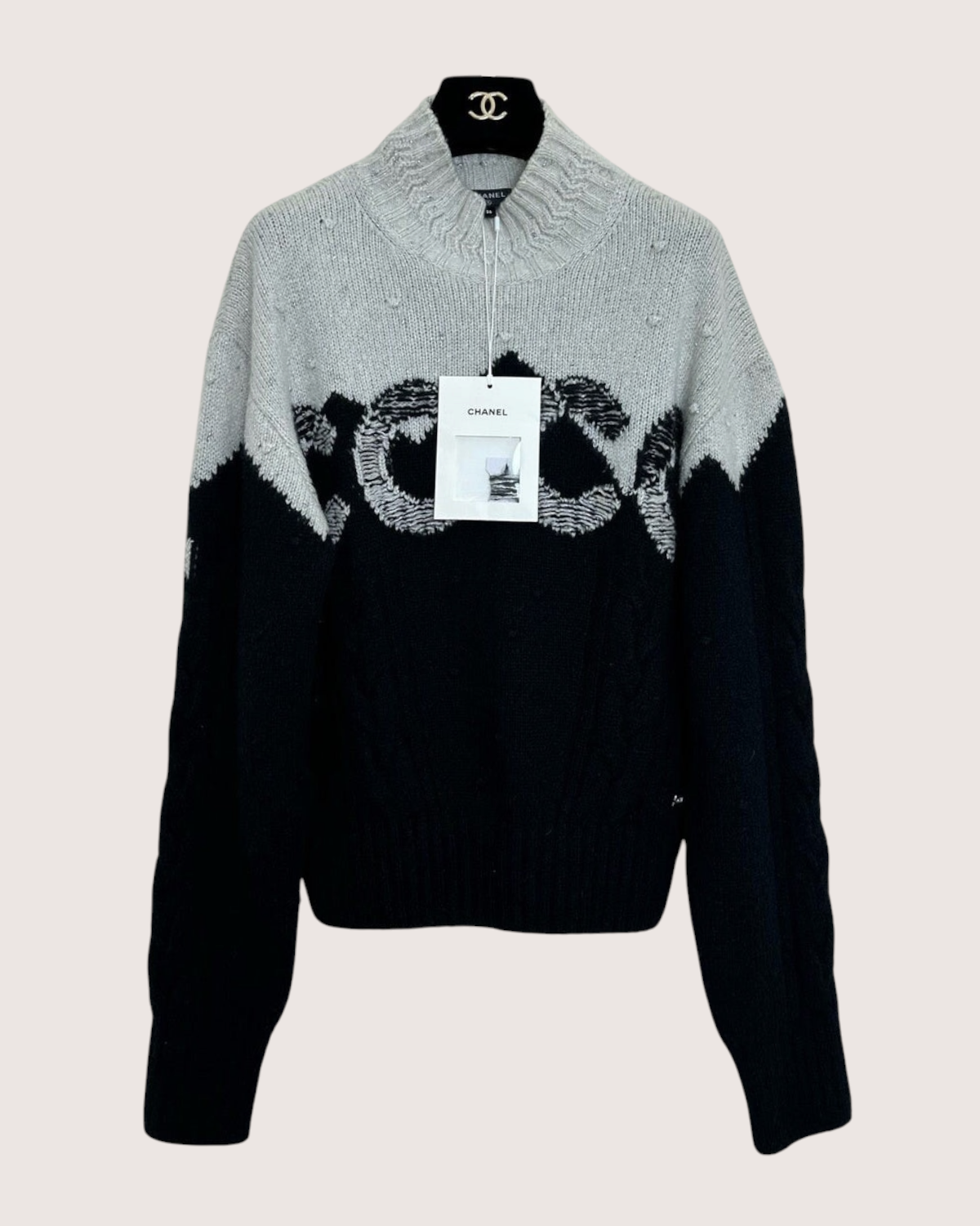 Chanel 21N Coco Neige Cashmere Two-Tone Coco Sweater Black, Beige/Ecru FR 38