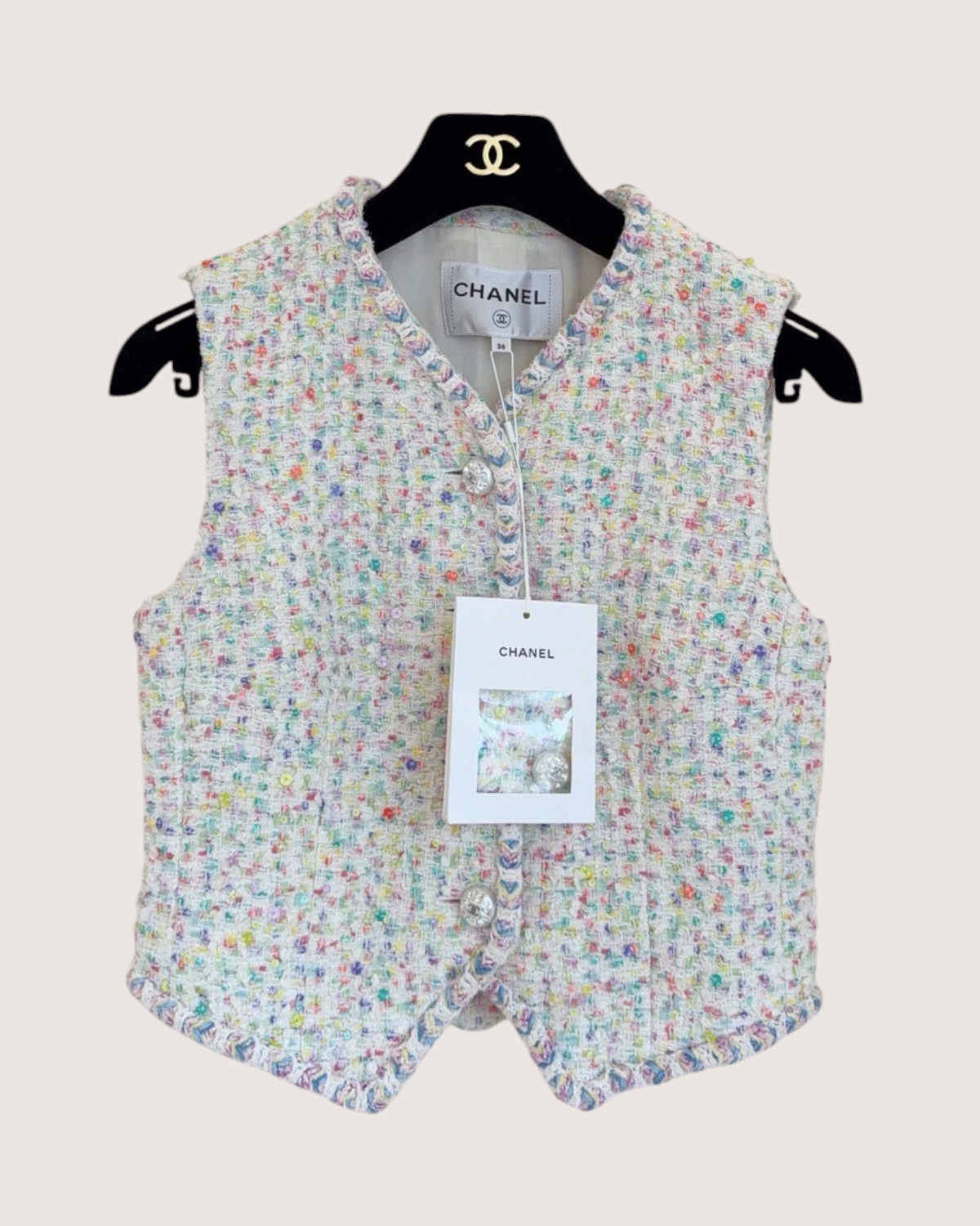 Chanel 23S Confetti Tweed Vest Beige/Ecru, Multicolor FR 34
