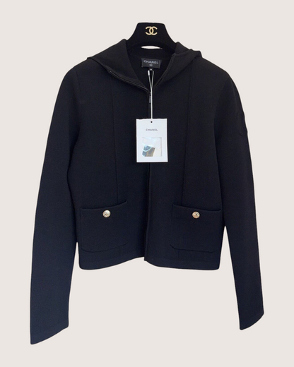 Chanel 25N Coco Neige Wool Hooded Zip-Up CC Jacket Black FR 38