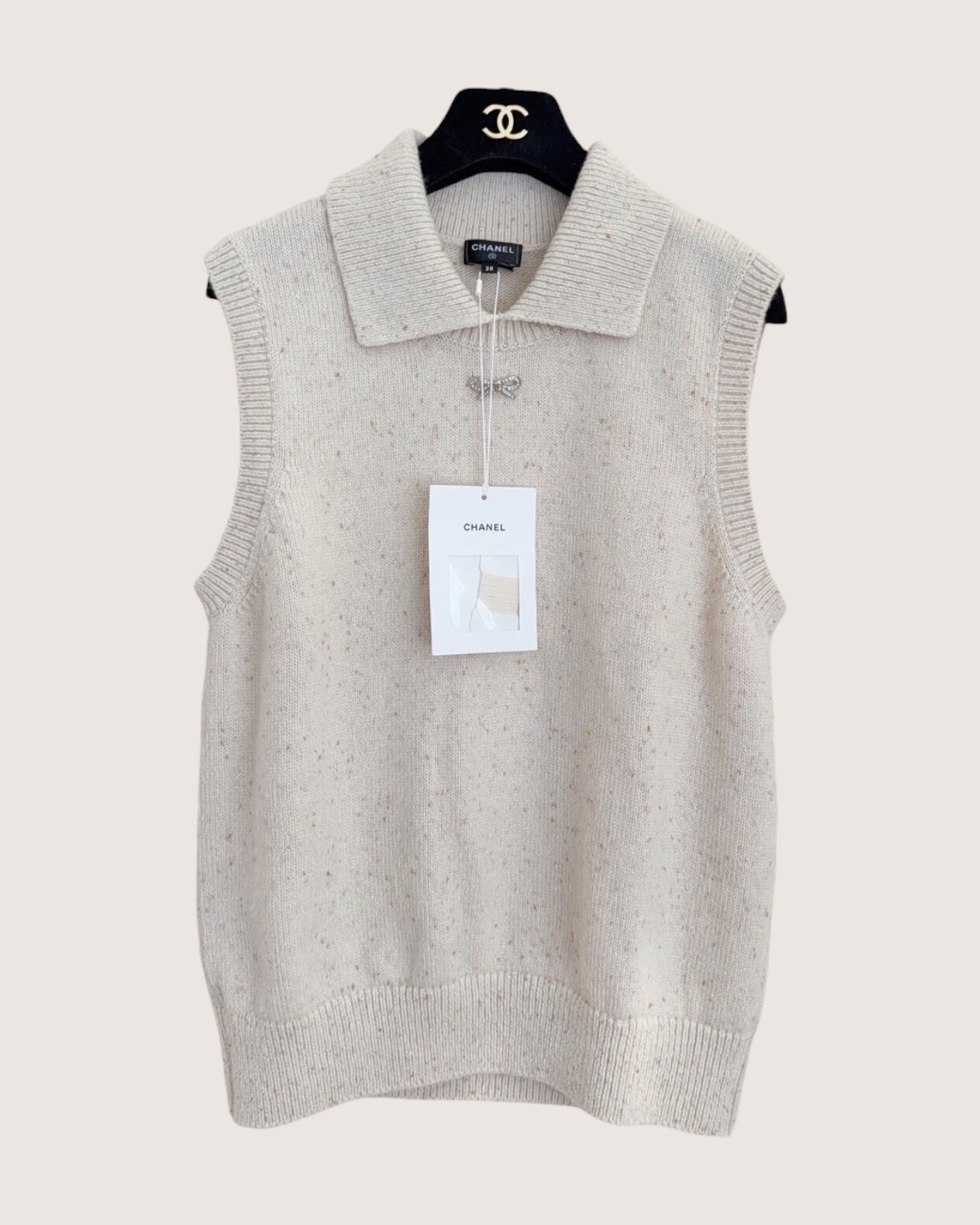 Chanel 25N Coco Neige Cashmere Bow Vest Beige/Ecru FR 38