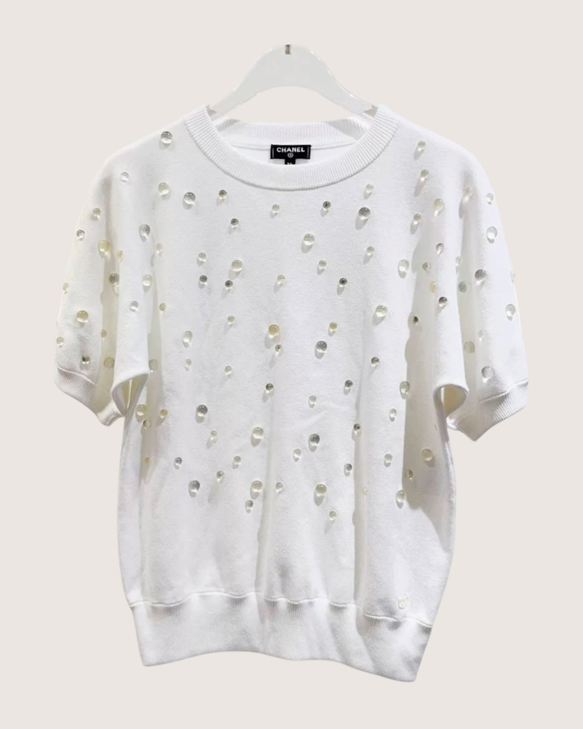 Chanel 18S Crystal Cutout Short-Sleeve Sweater White FR 34