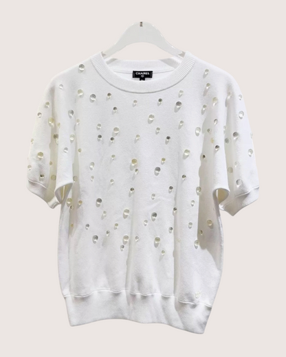 Chanel 18S Crystal Cutout Short-Sleeve Sweater White FR 34