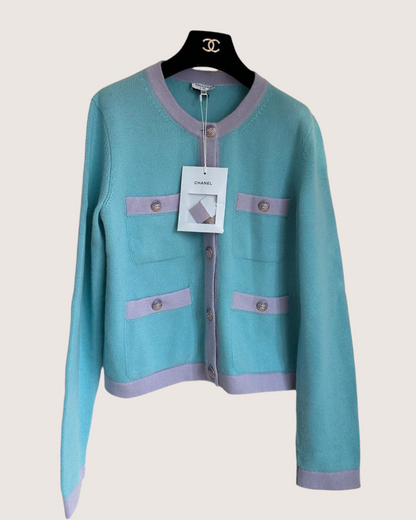 Chanel 24C Cashmere Contrast-Trim Four-Pocket Cardigan Blue, Purple FR 40