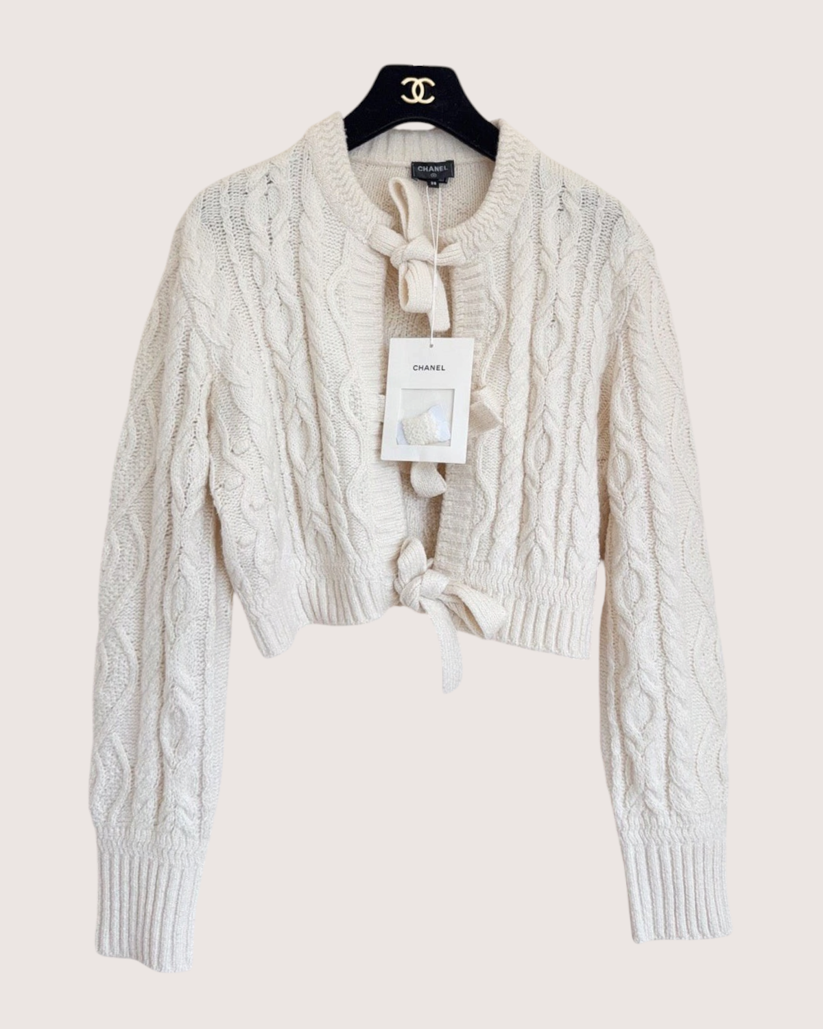 Chanel 24N Coco Neige Cropped Cable Tie-Front Cardigan Beige/Ecru FR 38