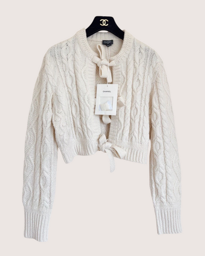 Chanel 24N Coco Neige Cropped Cable Tie-Front Cardigan Beige/Ecru FR 38