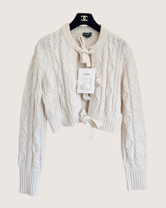 Chanel 24N Coco Neige Cropped Cable Tie-Front Cardigan Beige/Ecru FR 38