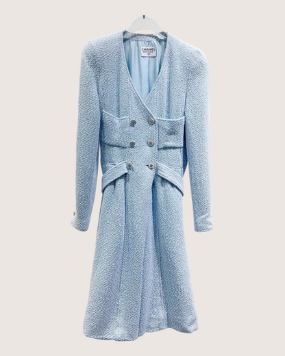 Chanel 96P Belted Tweed Coat Blue, White FR 36