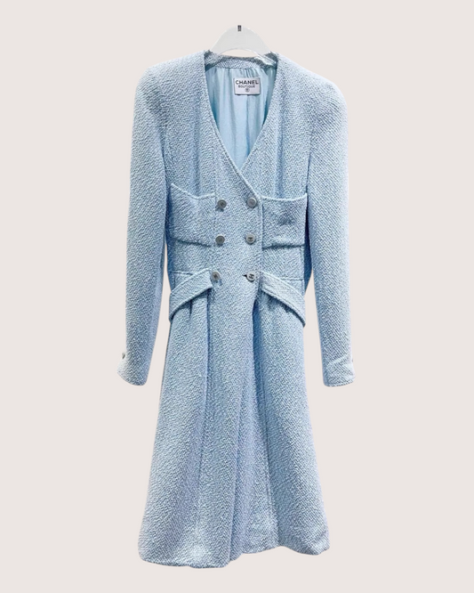 Chanel 96P Belted Tweed Coat Blue, White FR 36