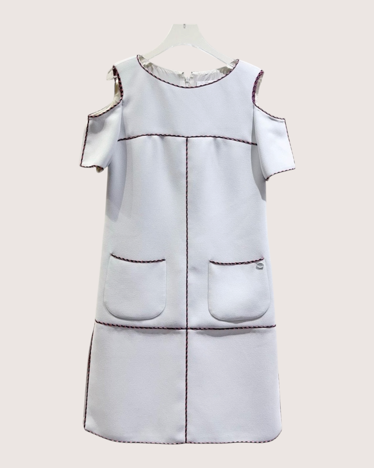 Chanel 14S Braid-Trim Cold-Shoulder Mid-Length Dress White, Grey, Multicolor FR 38