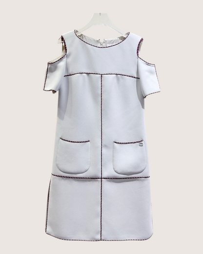 Chanel 14S Braid-Trim Cold-Shoulder Mid-Length Dress White, Grey, Multicolor FR 38