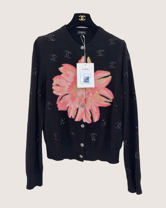 Chanel 24S Sequin Cashmere Floral Cardigan Black, Pink FR 38