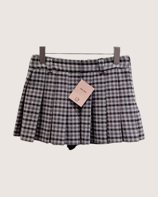 Miu Miu Tweed Plaid Pleated Mini Skirt Grey, Brown, Multicolor FR 36