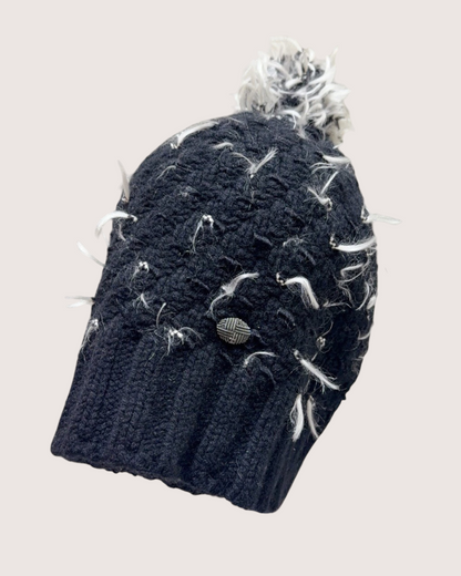 Chanel Fringe Knit Hat Black, White, Gold One Size
