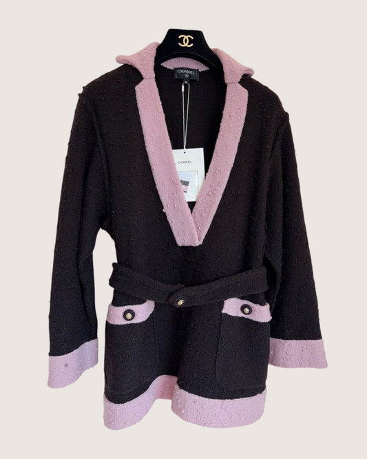 Chanel 24K Wool Belted Bouclé V-Neck Sweater Black, Pink FR 38