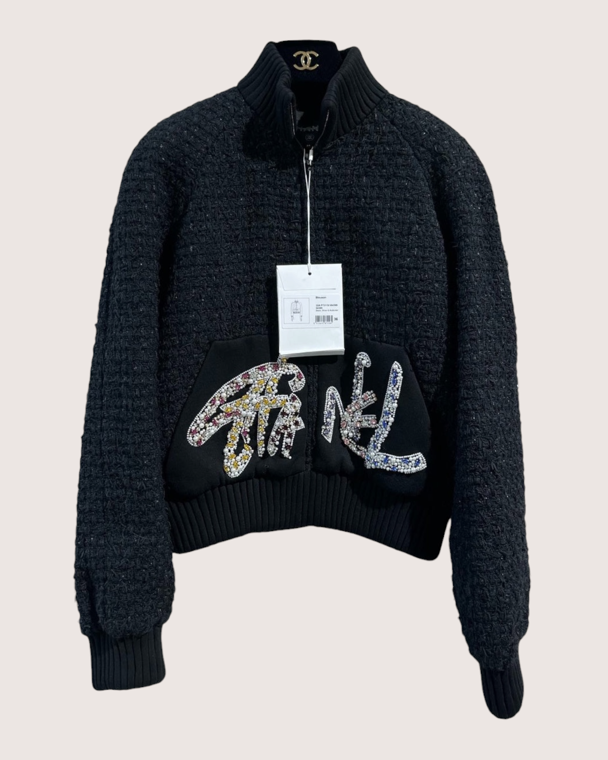 Chanel 22A Crystal-Embroidered Tweed Jacket Black FR 34