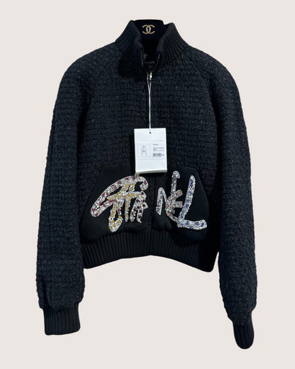 Chanel 22A Crystal-Embroidered Tweed Jacket Black FR 34