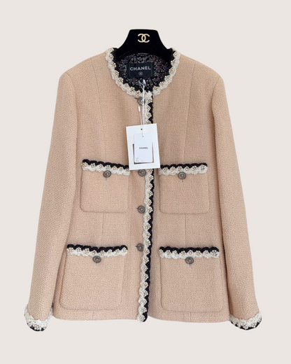 Chanel 24A Tweed Pearl-Trim Four-Pocket Jacket Beige/Ecru, Black, White FR 38